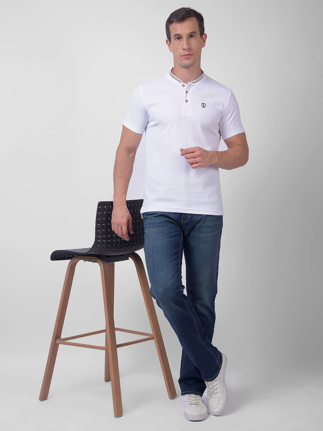 Numero Uno Men White Henley T-Shirt With Tricolour Tipping Neck